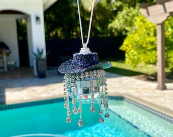 Rhinestone Fringe Glitter Negro Cowboy Disco Espejo retrovisor Accesorios para automóviles l Rhinestone Fringe Glitter Black Car l Charm Disco Car Charm