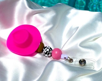 Beaded Cow Print Pink Cowboy Hat Nurse Health Care Worker Badge Reel l Beaded Cowgirl Fun Badge Reel LPN l Badge Reel CNA l HealthCare Badge