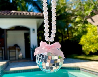 Pearl Pink Bow Disco Car Accessories l Y2K Rear View Mirror Car Decor l Coquette Disco Car Decor l Cute Pink Bow Disco Car Charm l Groovy