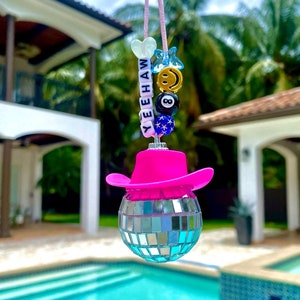 Custom Beaded Pink Disco Cowboy Cowgirl Rear View Mirror Car Accessory l Disco Car Charm l Personalized Car Charm