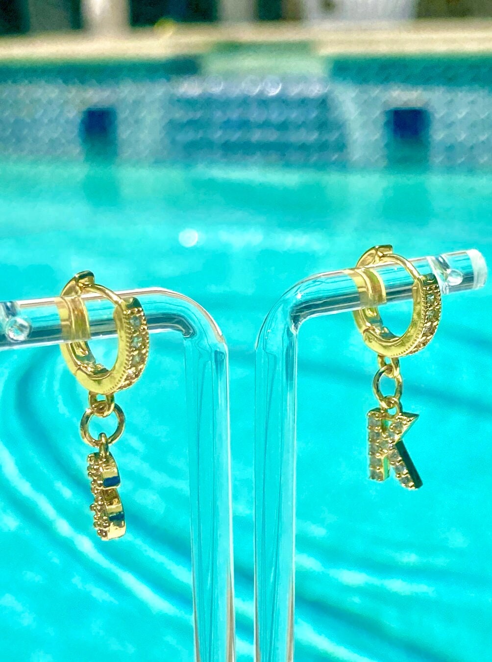 Custom Personalized Rhinestone Initial Huggie Gold Earrings l Gold Trendy Huggie Hoop Earrings