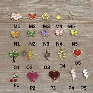 May include: A collection of gold-toned charms with colorful enamel details. Designs include butterflies, hearts, stars, a paw print, a palm tree, a cactus, cherries, and lightning bolts. Each charm is labeled with a letter and number combination.