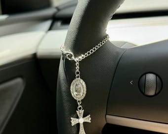 Silver Steering Wheel Rosary Charm Accessory l Rosary Car Charm Accessory l Car Accessory l Car Charms l Car Decor Unique Trendy Car Charms