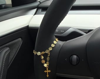 Gold Cross Steering Wheel Charm Accessory l Rosary Car Charm Accessory l Car Accessory l Car Charms l Car Decor l Unique Trendy Car Charms