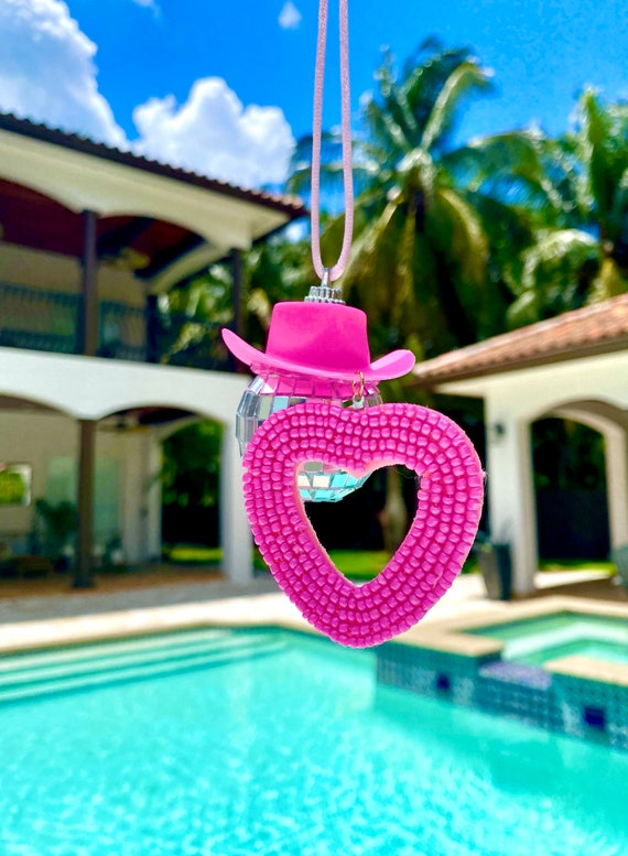 Heart Beaded Pink Cowgirl Hat Disco Ball Car Hanging Rear View Mirror  Accessory L Cowboy Disco Ball and Pink Hat L Trendy Car Accessories 