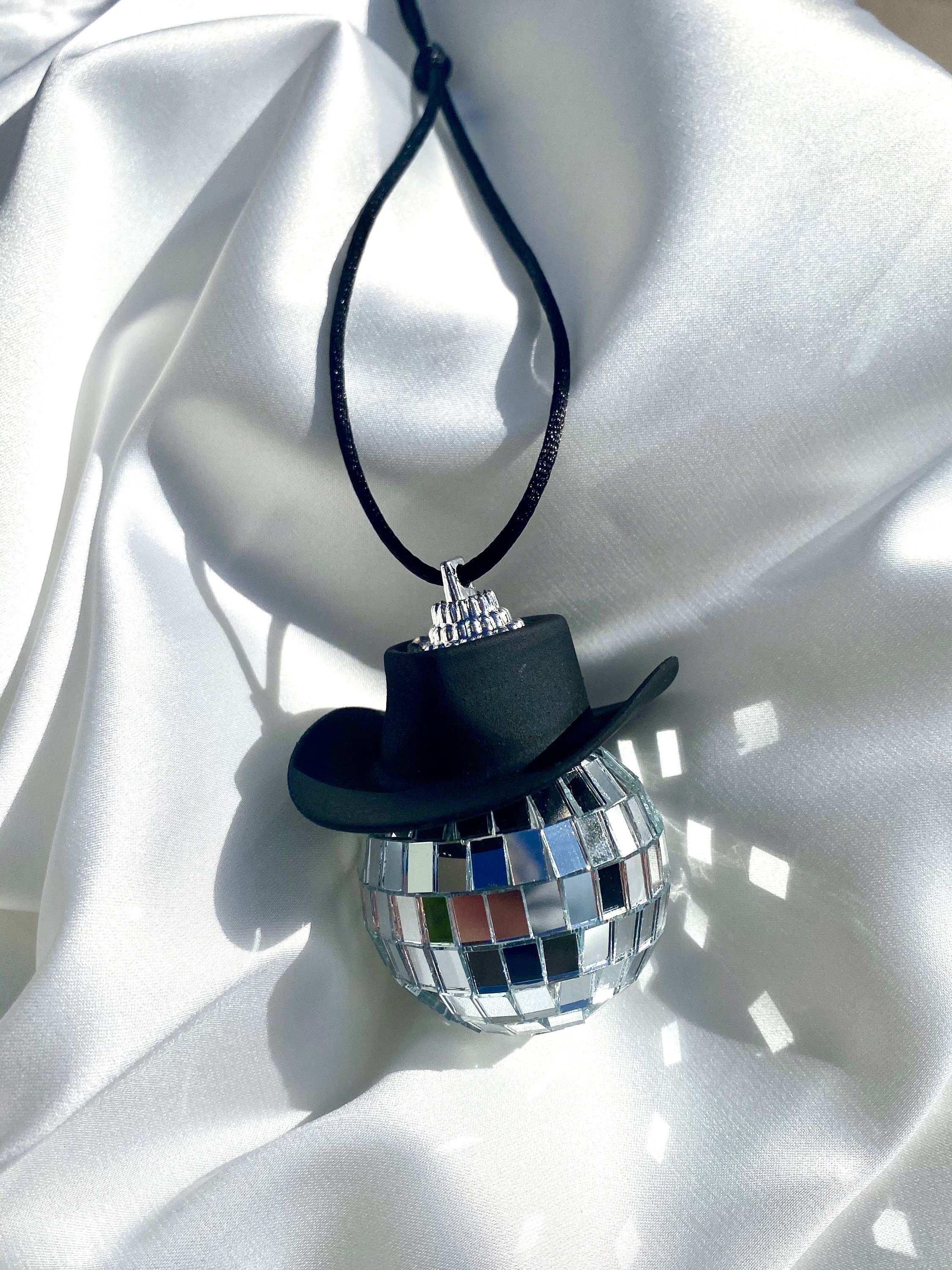 Black Cowboy Hat Disco Ball Car Hanging Rear View Mirror Etsy