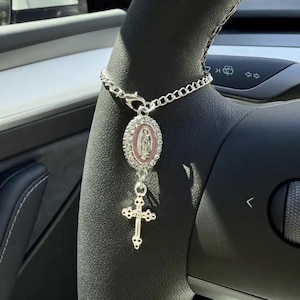 Pink Silver Steering Wheel Rosary Charm Accessory Rosary Car Charm Accessory l Car Accessory Car Charms Car Decor l Unique Trendy Car Charms