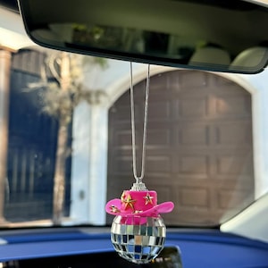 Star Studded Pink Disco Cowgirl Rear View Mirror Car Accessories l Disco Cowboy Rear View Mirror Car Charm l Gold Star Cowboy Hat Car Charm
