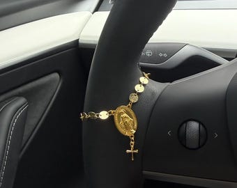 Rosary Gold Cross Steering Wheel Charm Accessory l Rosary Car Charm Accessory l Car Accessory l Car Charms l Car Decor l Unique Trendy Car