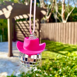 Pink Cowgirl Hat Disco Ball Car Hanging Rear View Mirror Accessory l Cowboy Disco Ball and Pink Hat l Trendy Car Accessories l Car Decor image 5