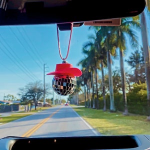 Pink Cowgirl Hat Disco Ball Car Hanging Rear View Mirror Accessory l Cowboy Disco Ball and Pink Hat l Trendy Car Accessories l Car Decor image 8