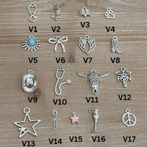 May include: A collection of silver-toned charms, including a stethoscope, mermaid, angel wings, paw print, sunburst with turquoise center, bow, cowboy boot, star, cross, and peace sign. The charms are displayed on a wooden surface.