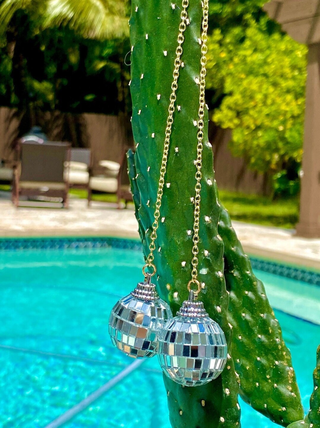 Double Mini Disco Ball Car Rear View Accessory L Gold Chain Hanging Retro Fun Car Accessory L