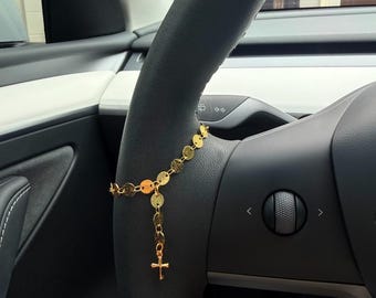 Gold Dangling Cross Steering Wheel Charm Accessory l Rosary Car Charm Accessory l Car Accessory l Car Charms l Car Decor l Unique Trendy Car