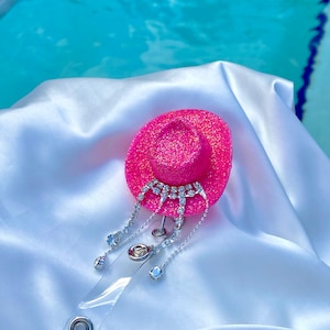 Rhinestone Glitter Pink Cowboy Hat Nurse Health Care Worker Badge Reel l Fringe Glitter Cowgirl Fun Badge Reel LPN l Glitter Badge Reel CNA