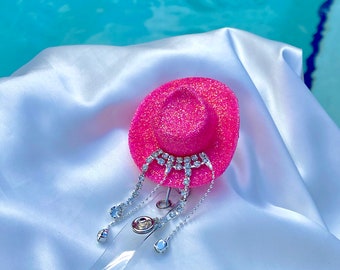 Rhinestone Glitter Pink Cowboy Hat Nurse Health Care Worker Badge Reel l Fringe Glitter Cowgirl Fun Badge Reel LPN l Glitter Badge Reel CNA