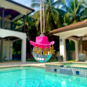 Star Cowgirl Hat Disco Ball Car Hanging Rear View Mirror Accessory l Cowboy Disco Ball and Pink Hat l Trendy Car Accessories l Car Decor