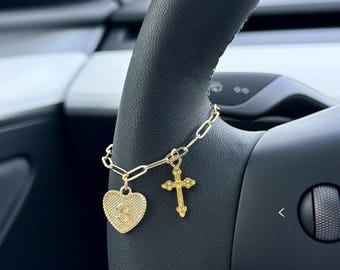 Custom Heart Initial Steering Wheel Rosary Charm Accessory l Rosary Car Charm Accessory l Car Accessory Car Charms l Car Decor l Unique Car