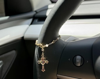 Colorful Cross Steering Wheel Rosary Charm Accessory l Pearl Heart Car Charm Accessory l Car Accessory l Car Charms l Car Decor l Unique