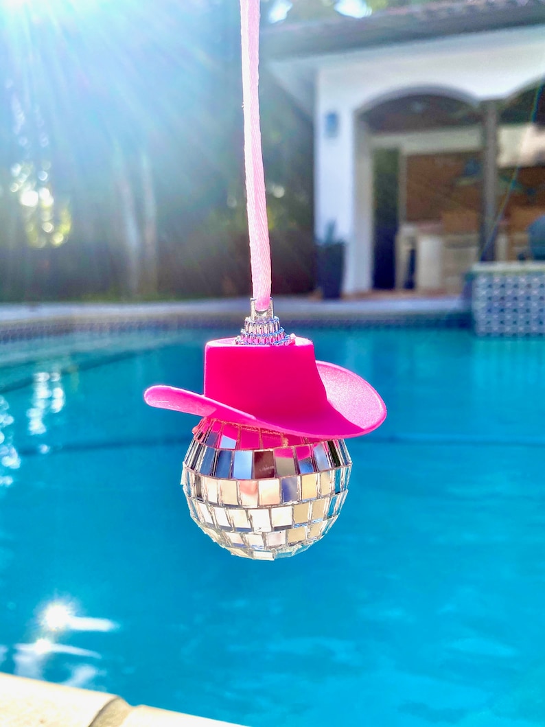 Pink Cowgirl Hat Disco Ball Car Hanging Rear View Mirror Accessory l Cowboy Disco Ball and Pink Hat l Trendy Car Accessories l Car Decor image 4