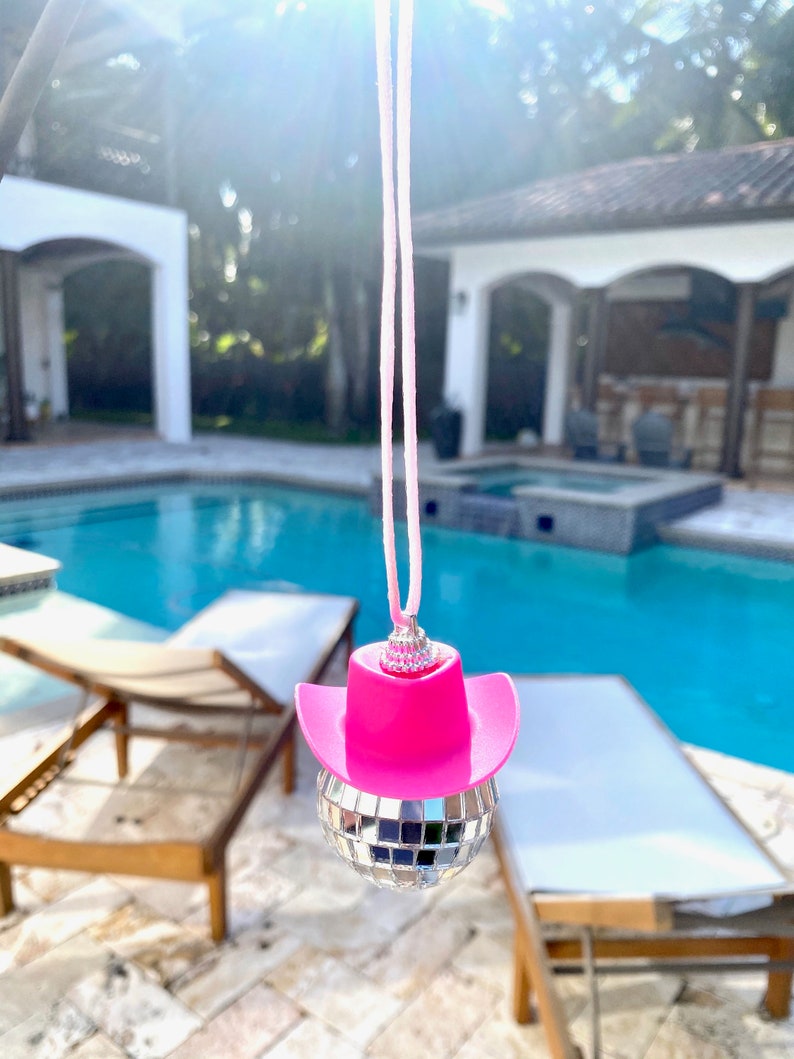 Pink Cowgirl Hat Disco Ball Car Hanging Rear View Mirror Etsy