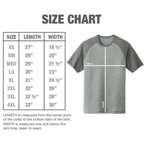 May include: Size chart for a t-shirt with measurements in inches. The chart shows the size, length, and width of the shirt in inches. The chart is labeled "SIZE CHART".