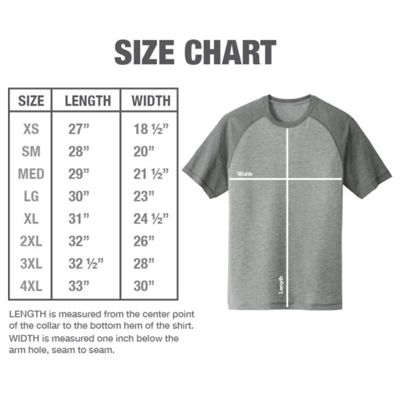 May include: Size chart for a t-shirt with measurements in inches. The chart shows the size, length, and width of the shirt in inches. The chart is labeled "SIZE CHART".