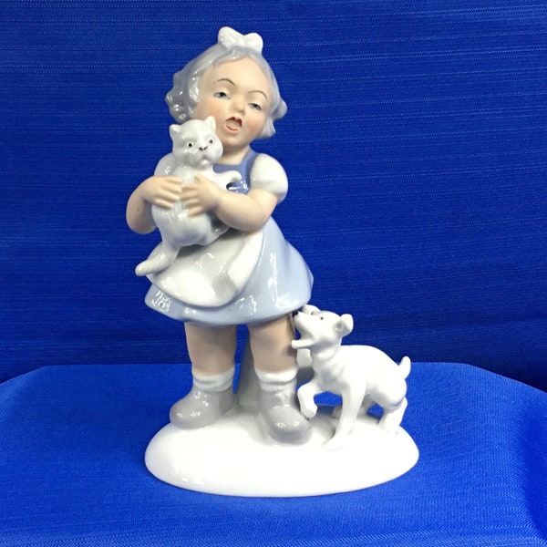 GEROLD PORZELLAN GIRL Rescuing Cat From Dog Bavaria Porcelain Hand Painted Colored Figurine