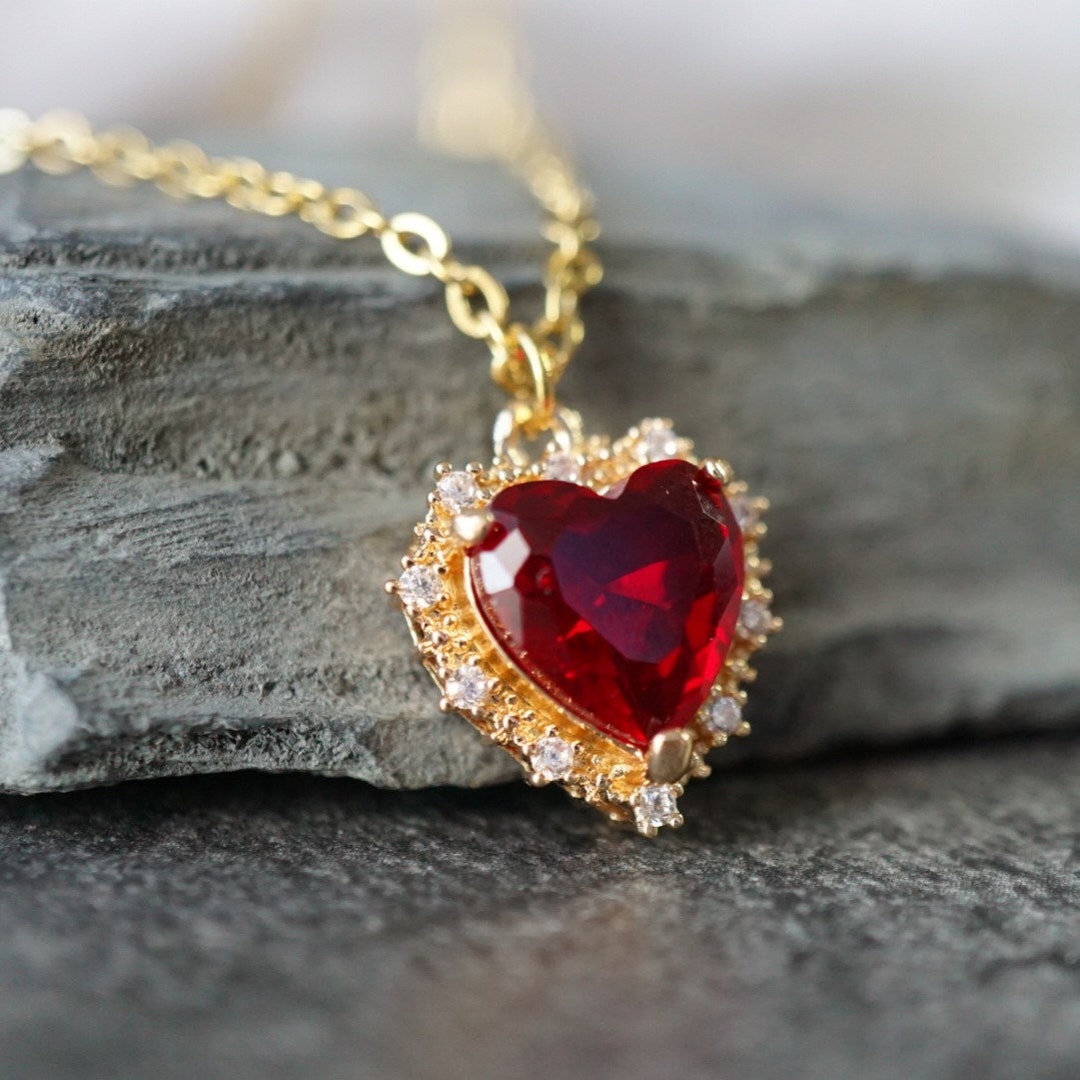 Necklace Red Heart Necklace Golden Color Heart Necklace Etsy