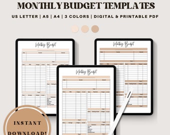 May include: Three digital printable monthly budget templates in US Letter, A5, and A4 sizes. The templates are in three different colours and feature a simple design with sections for income, bills, expenses, and savings.