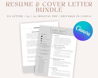May include: A gray and white resume and cover letter template bundle for Canva. The template includes a profile, work experience, education, and skills sections. The text "EASY & READY TO USE TEMPLATE" and "RESUME & COVER LETTER BUNDLE" is at the top of the image. The text "US LETTER | A4 | A5 | DIGITAL PDF | EDITABLE IN CANVA" is below the title. The Canva logo is in the upper right corner of the image.
