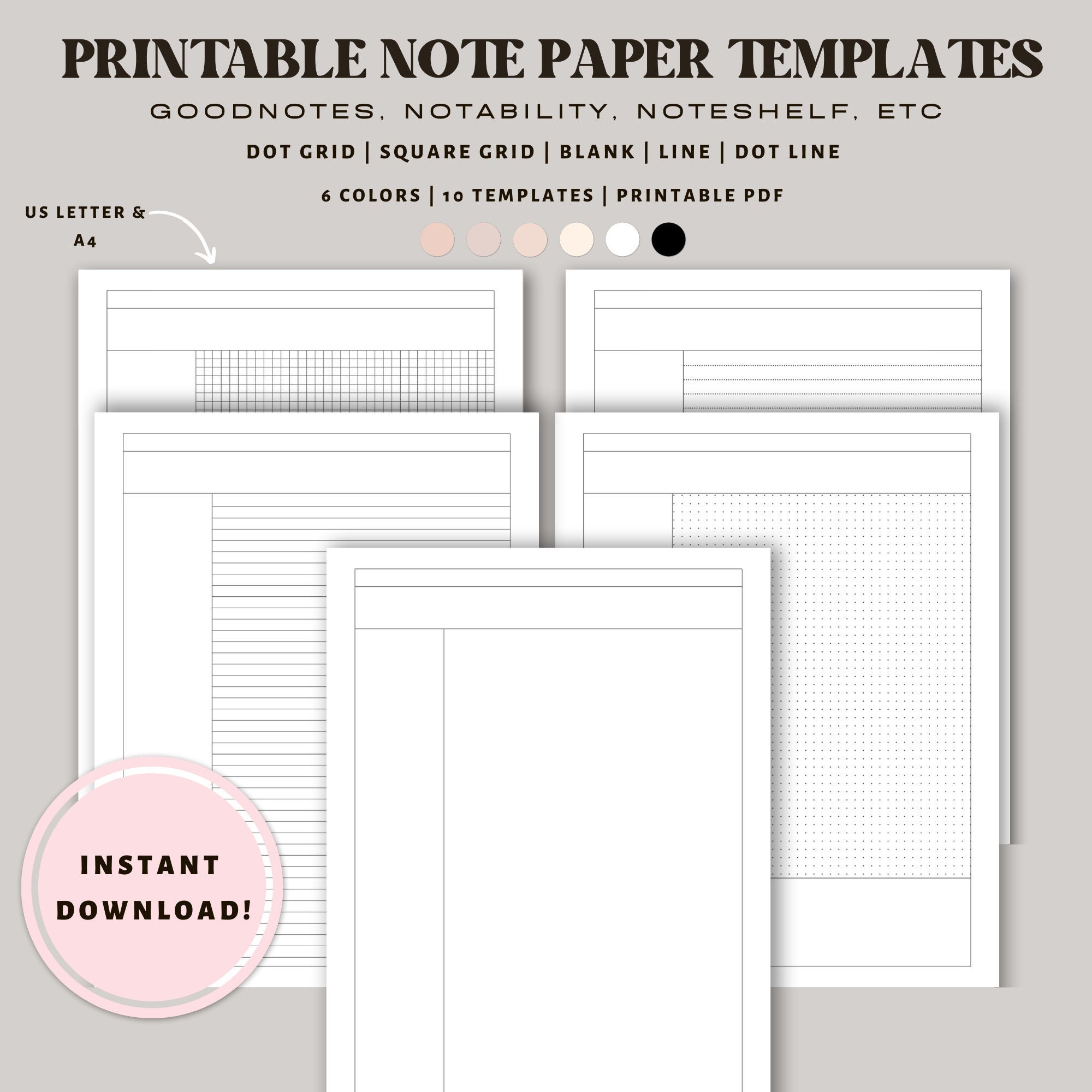 Printable Cornell Notes Bundle: Dot Grid, Line, Blank (PDF Download)