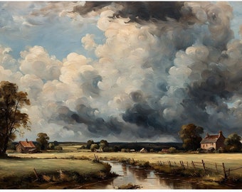 Stormy Rural Landscape Oil Painting - Tonalist Farm Scene with Reflective Water Digital Art- Downloadable art - 300dpi