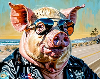 Cool Biker Pig Digital Art - Stylish Hog on Motorcycle, High-Res Download , Downloadable Digital Art,- 300dpi