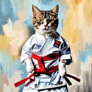 Karate Cat Digital Art - Martial Arts Feline in Gi, downloaden in hoge resolutie, downloadbare digitale kunst, - 300dpi