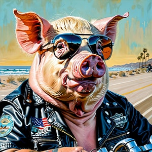 Cool Biker Pig Digital Art - Stylish Hog on Motorcycle, High-Res Download , Downloadable Digital Art,- 300dpi