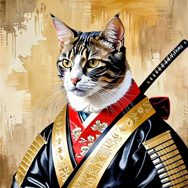 Samurai Cat Digital Art - Traditional Warrior Feline in Kimono, High-Res Download,  Downloadable Digital Art,- 300dpi
