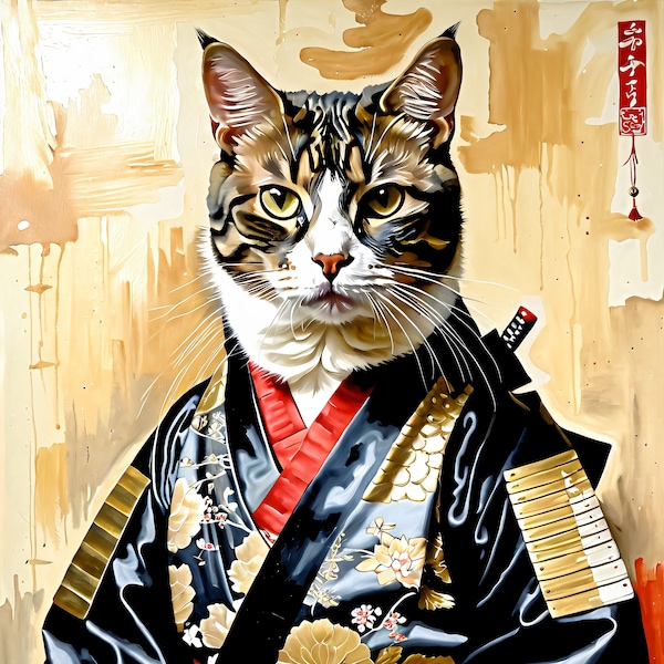 Samurai Cat Digital Art - Traditional Warrior Feline in Kimono, High-Res Download,  Downloadable Digital Art,- 300dpi