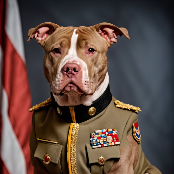 Decorated Military Dog Digital Art - Honored Pitbull in Uniform, High-Res Download