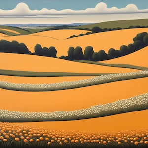 Rolling Hills & Wheat Fields Digital printable Art Download - Stylized Landscape Painting for Home Decor- download and print!!