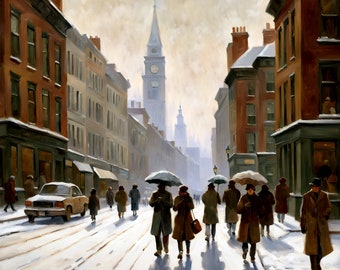 Snowy City Street Scene with Clock Tower Oil Painting Style - Digital Art Download for Wall Decor- download and print today!