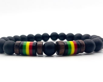 Bracelet rasta : agate noire mate, perle en résine, style jamaïcain