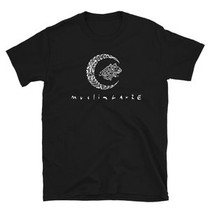May include: Black t-shirt with a white crescent moon and star design. The text "muslim glaze" is printed below the design.