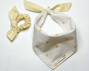 Seersucker Dog Bandana // REVERSIBLE //  “Sunny Seersucker” // Yellow, White // Summer // Nautical // 4th of July // Sun //Scrunchie