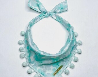Aqua Blossom Dog Bandana: Handmade Floral Cotton with Pom Trim