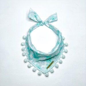 Aqua Blossom Dog Bandana: Handmade Floral Cotton with Pom Trim