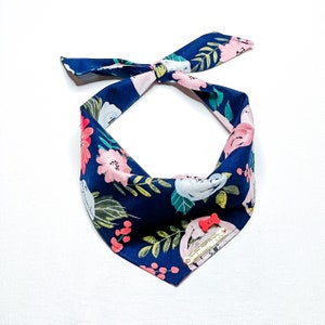 Navy Floral Dog Bandana: Cotton Scarf with Gold Tag