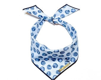 May include: A light blue bandana with a navy blue trim and a blueberry print. The bandana has a gold bar pin.