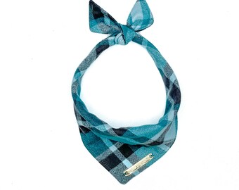Turquoise Dog Bandana // Teal Flannel Handmade Cotton Dog Scarf // Tie-on Dog Bandana // Optional Tag // Matching Scrunchie Available