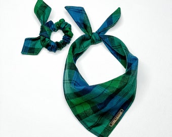 Plaid Dog Bandana // Organic Blue and Green // St. Patrick’s Day // Flannel Dog Bandana Scarf and Scrunchie